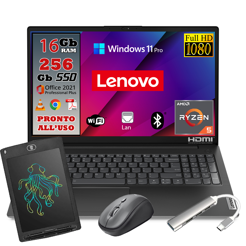 Notebook NUOVO Lenovo •AMD Ryzen™ 5 5500U 2,1 GHz • 16 GB DDR4-256 GB SSD • Windows 11 Pro e Pacchetto Office 2021 • Mouse e HUB USB Type c.