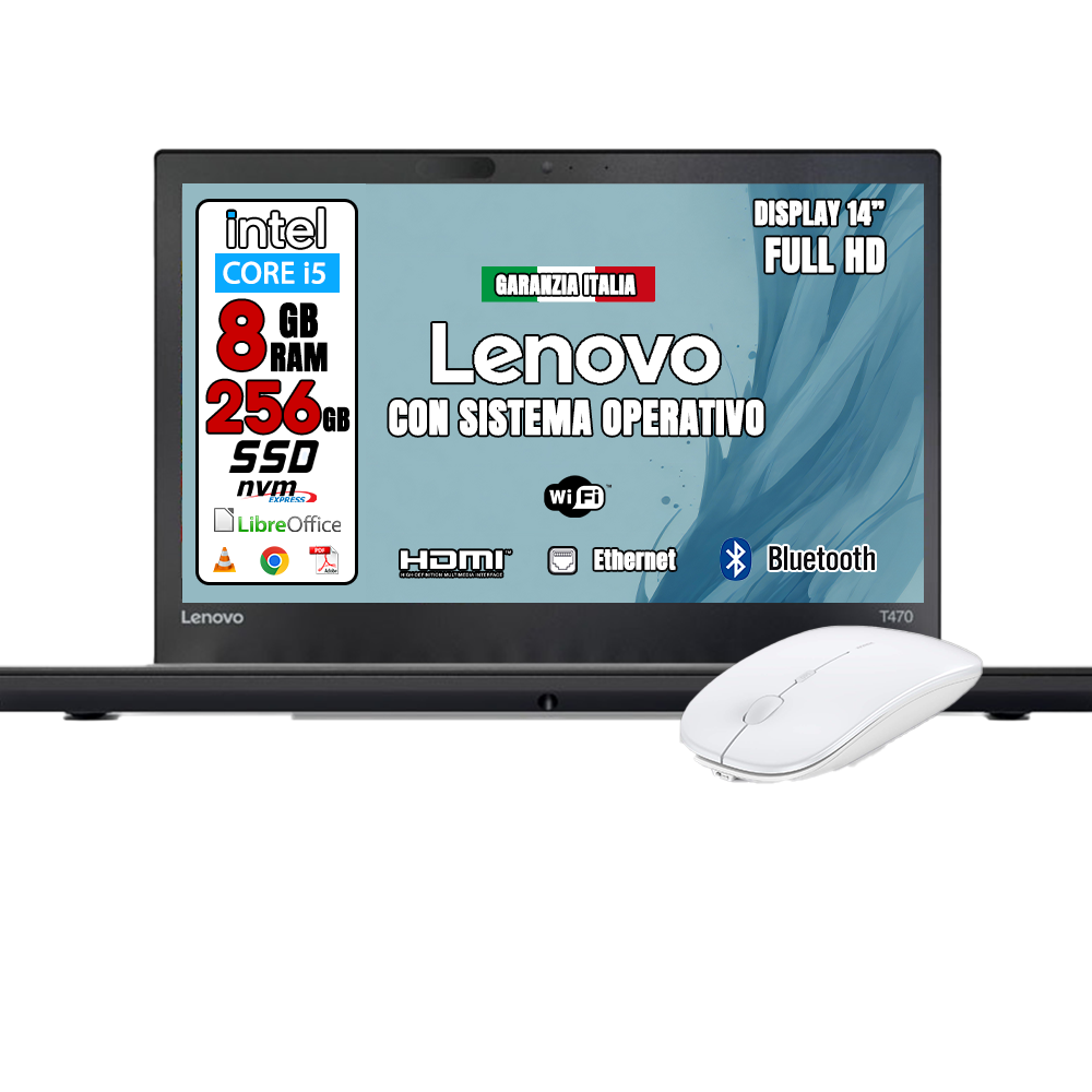 Notebook Lenovo T450 (RICONDIZIONATO) • Intel I5 • 8 GB ram • 256 GB SSD • Windows 11 Pro e Pacchetto Libre Office 2021 • MOUSE WIRELESS