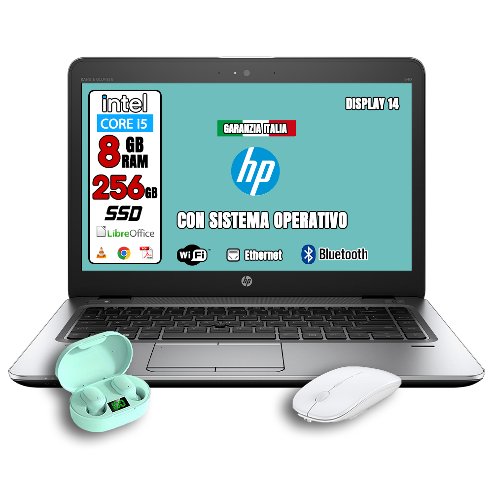 Notebook HP 840 G1 (RICONDIZIONATO) • Intel® Core™ i5-4310U • 8 GB DDR3L • 256 GB SSD • Sistema Operativo + Libre Office • Cuffie WIRELESS + MOUSE