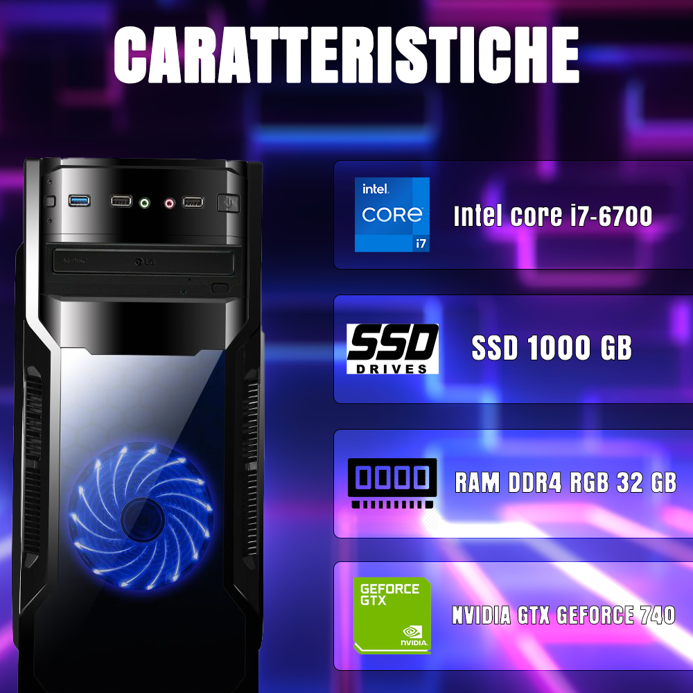 Betazon PC Fisso Gaming Desktop NUOVO • Cpu intel core i7-6700 • 32GB RAM DDR4 • 1TB SSD • Windows 11 Pro • WiFi • nvidia GEFORCE GT 740 4GB • Pronto All'Uso
