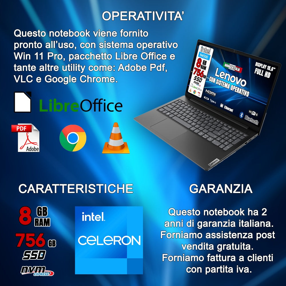 Notebook NUOVO LENOVO • Full HD Intel® Celeron® N4500 • 8 GB DDR4-SDRAM • 756 GB HSSD storage • Sistema Operativo e Pacchetto Libre Office •Mouse e Cuffie Wireless