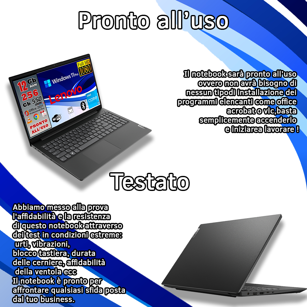 Notebook NUOVO Lenovo • Intel® Core™ i3 i3-1215U • 12 GB DDR4-SDRAM • 256 GB SSD • Windows 11 Pro e Pacchetto Office 2021 • Mouse e Pendrive