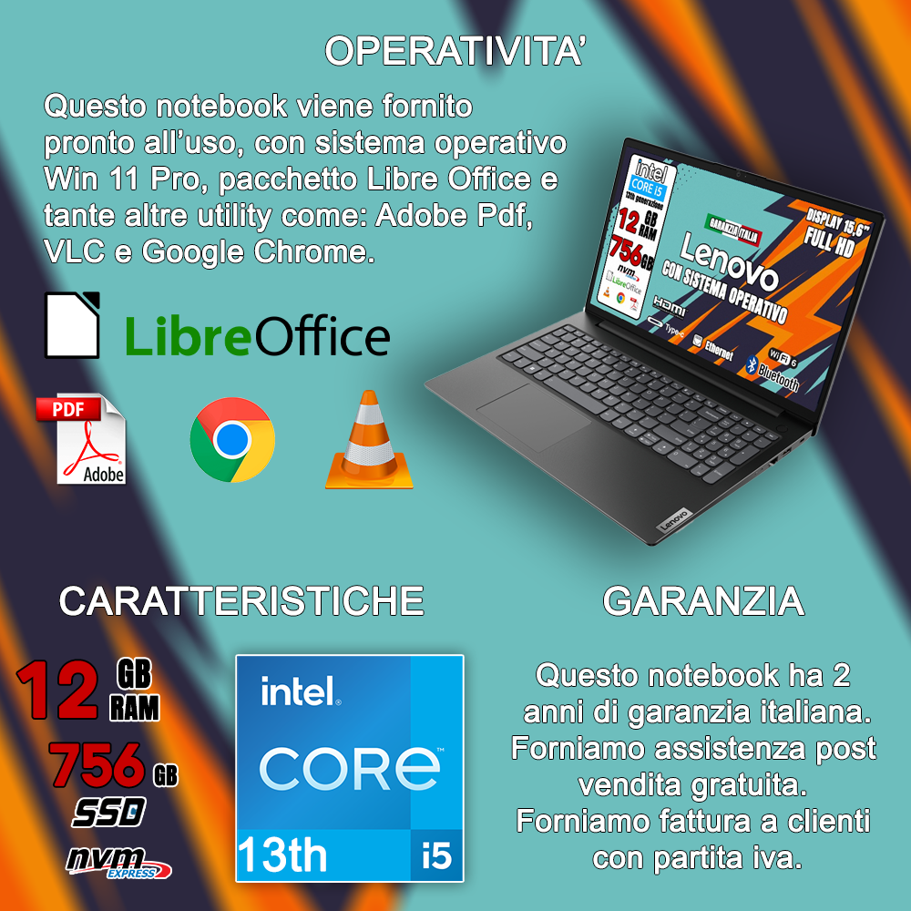 Notebook NUOVO Lenovo •Intel i5-1335U 2 GHz • 12 GB ram DDR4-SDRAM •756GB HSSD • Sistema Operativo e Pacchetto Libre Office • Mouse e Pendrive