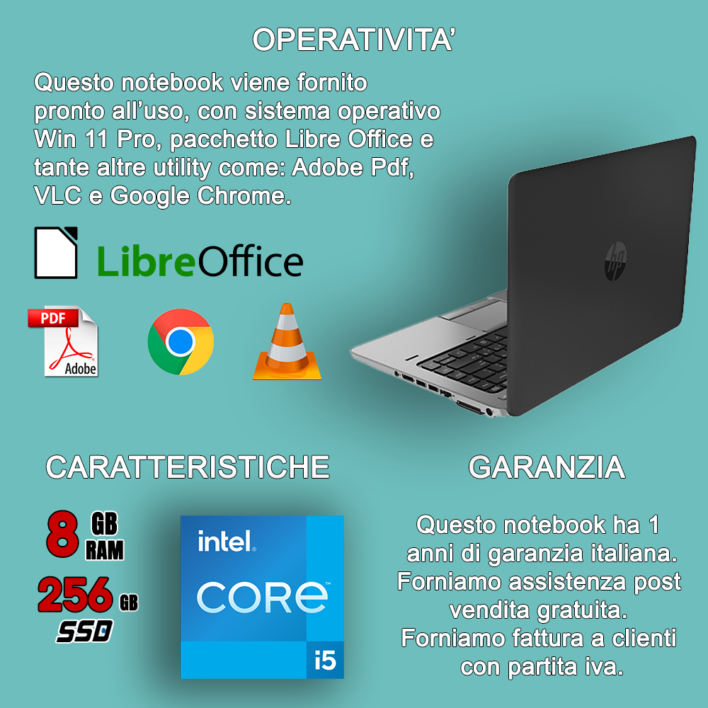Notebook HP 840 G1 (RICONDIZIONATO) • Intel® Core™ i5-4310U • 8 GB DDR3L • 256 GB SSD • Sistema Operativo + Libre Office • Cuffie WIRELESS + MOUSE