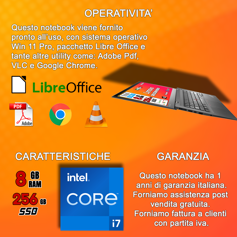 Notebook Lenovo x1 Carbon (RICONDIZIONATO) • Intel i7™ • 8 GB ram • 256 GB SSD • Windows 10 Pro e Pacchetto Libre Office • CUFFIETTE E MOUSE WIRELESS