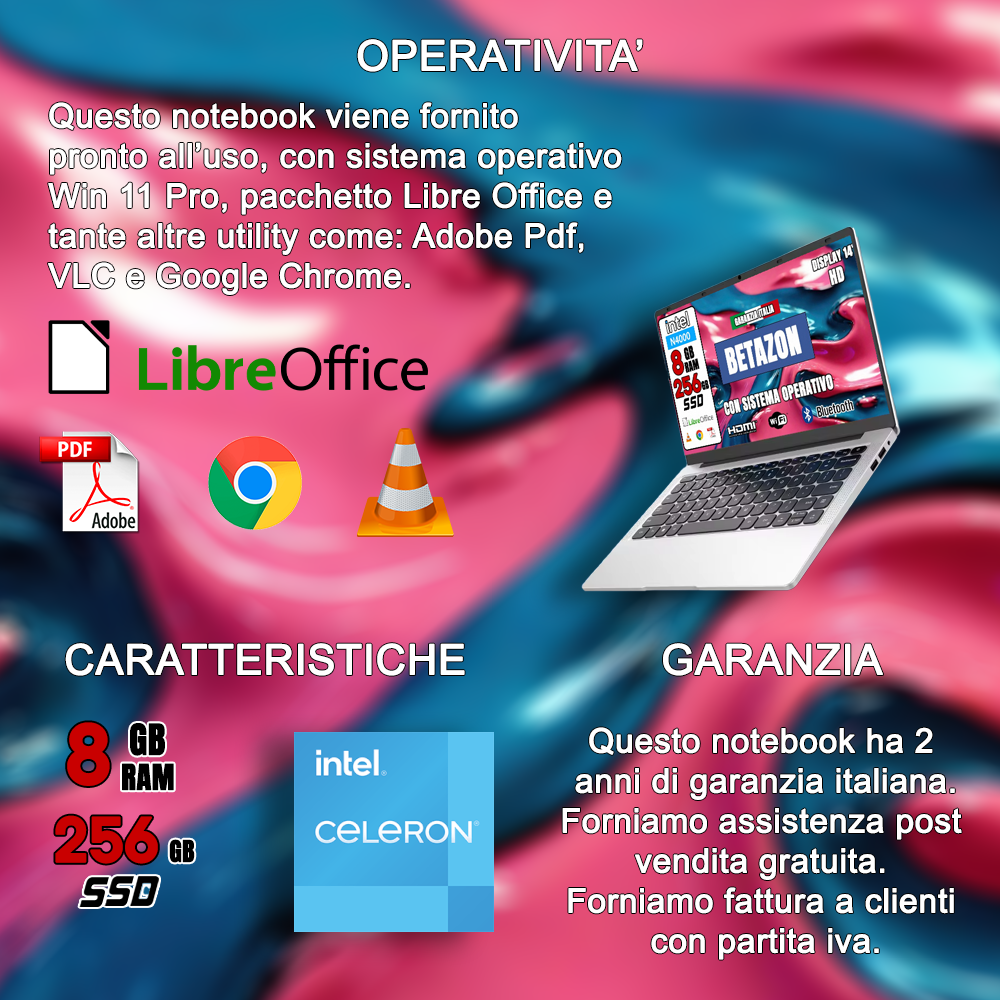 Notebook NUOVO BETAZON • HD Intel® Celeron® N4000 • 8 GB DDR4-SDRAM • 256 GB SSD storage • Windows 11 Pro e Libre Office •Mouse e Cuffie Wireless