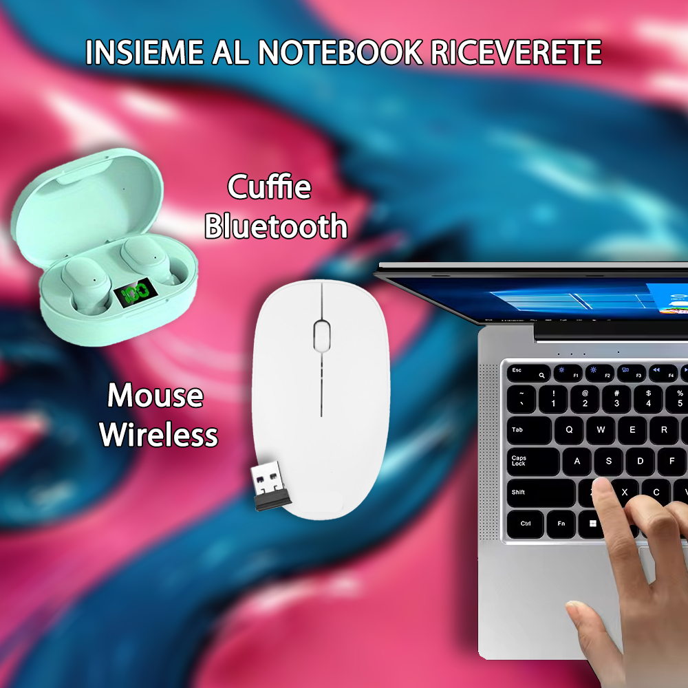 Notebook NUOVO BETAZON • HD Intel® Celeron® N4000 • 8 GB DDR4-SDRAM • 256 GB SSD storage • Windows 11 Pro e Libre Office •Mouse e Cuffie Wireless