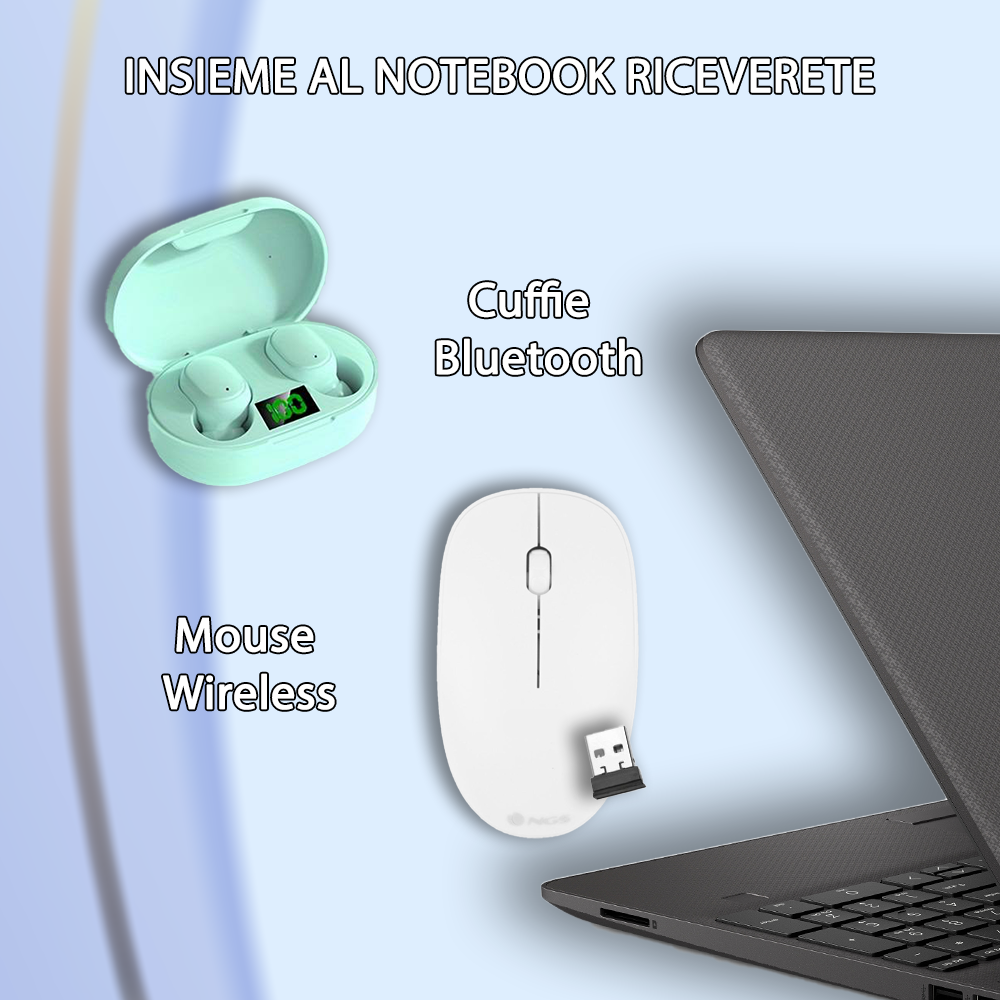 Notebook NUOVO HP • Cpu i5 1235U • 8 GB ram • 256 GB SSD • Sistema Operativo e Pacchetto Libre Office • Mouse e Cuffiette wireless