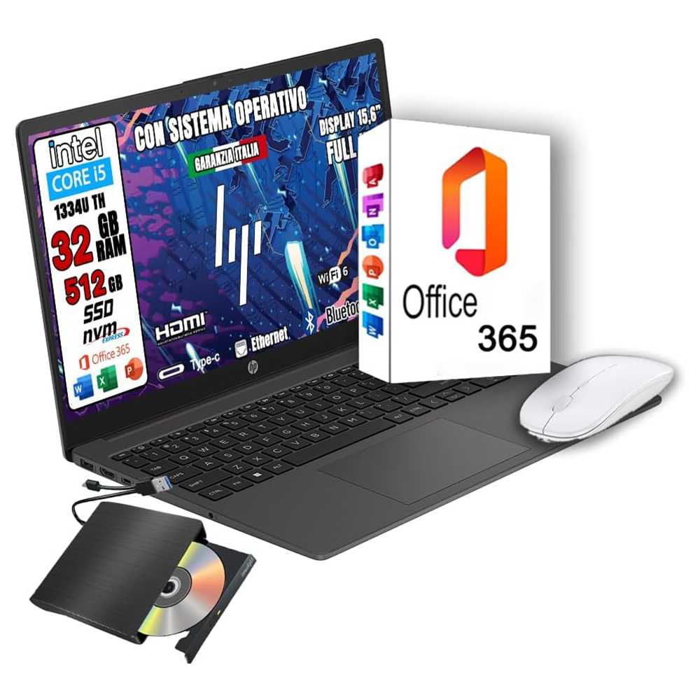 HP 250 G10 NUOVO • Ram 32Gb Ddr4 • Cpu intel core i5 fino a 5 Ghz • 15,6" Full Hd • Wifi • Bluetooth • SSD NVME 512GB NVME • SISTEMA OPERATIVO • OFFICE 365 • MOUSE + LETTORE DVD