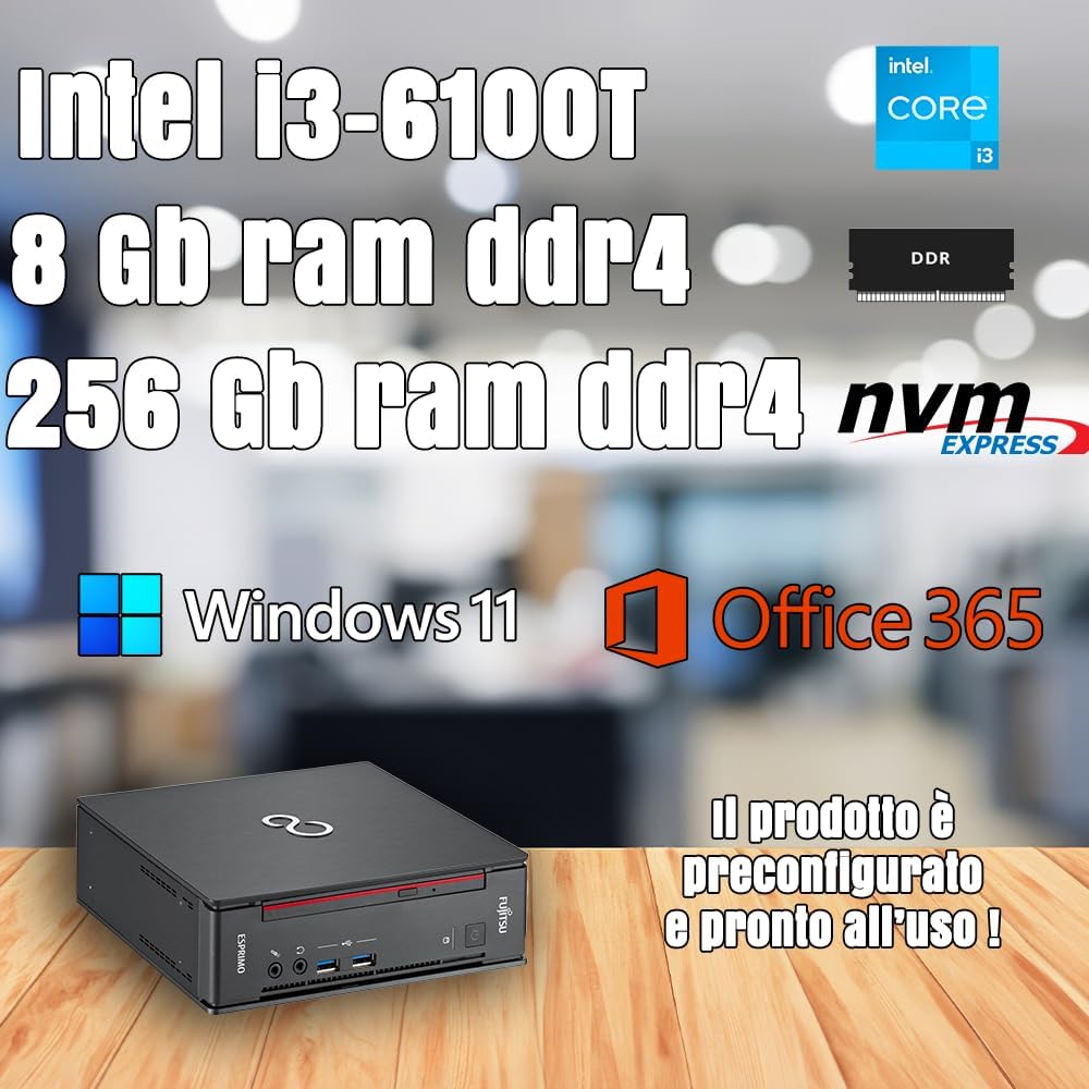 Mini pc Fujitsu Esprimo Q957 • Intel Core i3 6100T • 8GB Ram • 256 GB Ssd • ingresso Type-C e WIFI • windwos 11 pro + office 365 (ricondizionato)