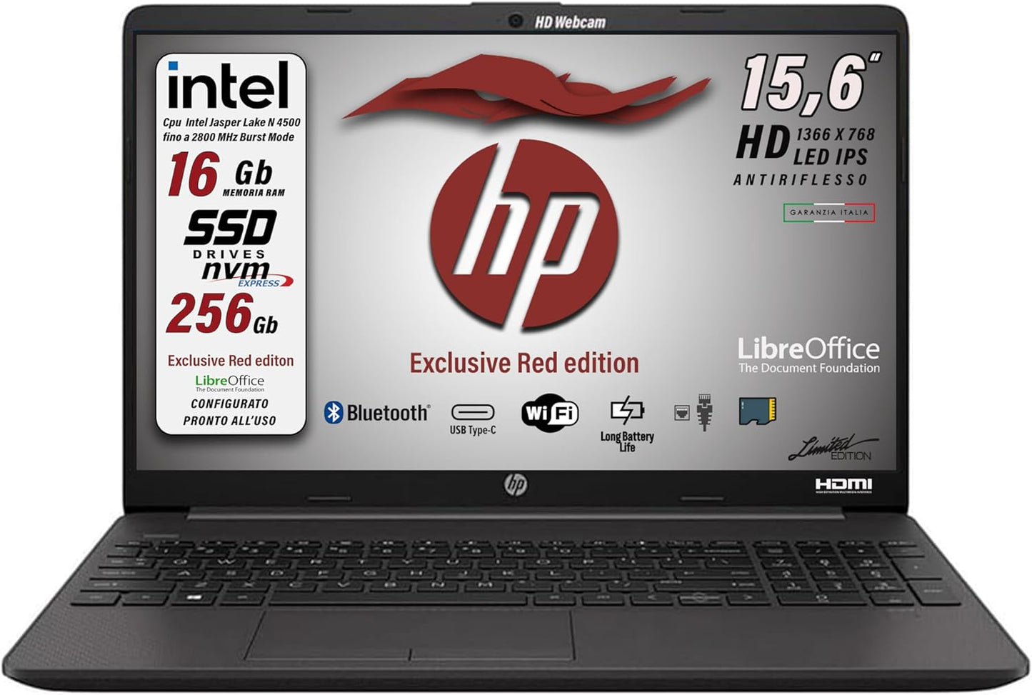 HP 250 Red, ram 16Gb DDR4, cpu intel n4500 Computer portatile 39,6 cm (15.6") 1366 x 768 HD, SSD 256Gb Nvme, Wi-Fi, Lan, Bt, Win 11Pro, Libre Office, preconfigurato, Garanzia Italia, colore red