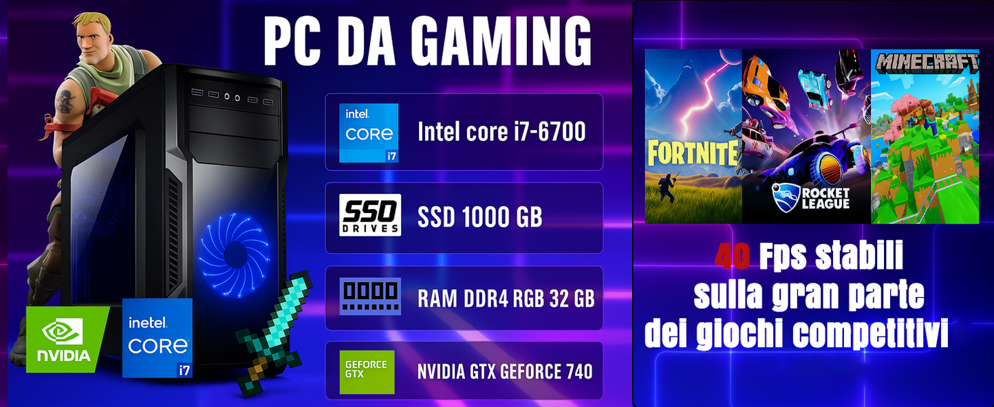 Betazon PC Fisso Gaming Desktop NUOVO • Cpu intel core i7-6700 • 32GB RAM DDR4 • 1TB SSD • Windows 11 Pro • WiFi • nvidia GEFORCE GT 740 4GB • Pronto All'Uso