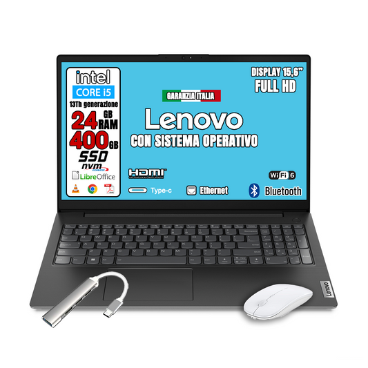 Lenovo Notebook Nuovo • 24gb di Ram • CPU Intel Core i5 • Monitor 15.6" Full HD • SSD 256 nvme + SSD 128 GB SATA • Sistema operativo Win 11 e Libre Office • Mouse + Adattatore usb Type C