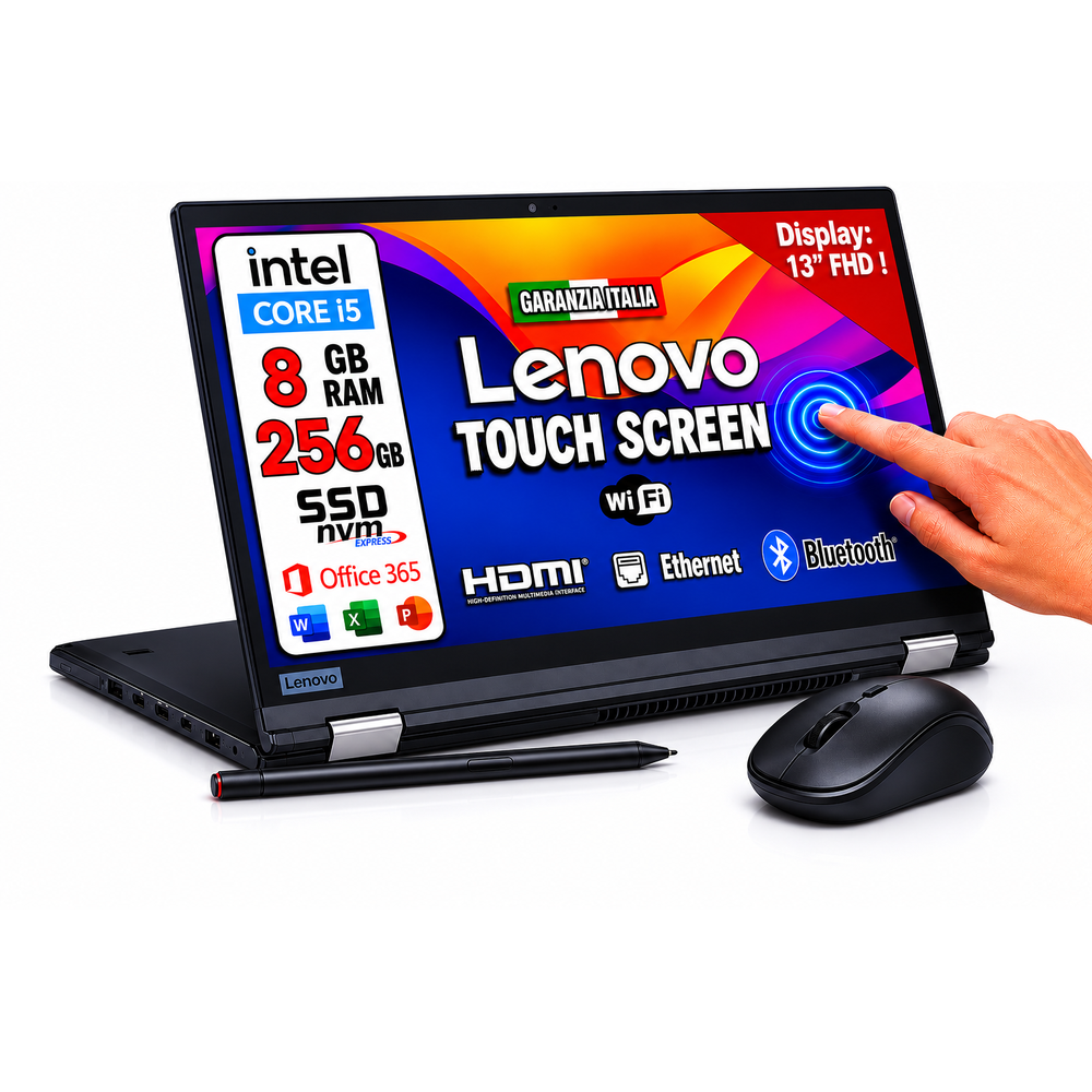 Lenovo ThinkPad Yoga x390 UPC: 195891447314  TouchScreen Pieghevole Full HD Intel Core i5-8th 256GB SSD 8GB RAM DDR4 Windows 11 Pro con mouse e penna stilo in omaggio! (ricondizionato)