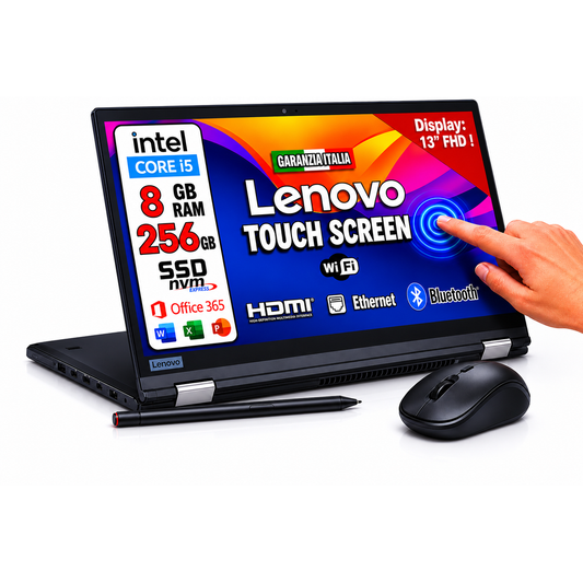 Lenovo ThinkPad Yoga x390 UPC: 195891447314  TouchScreen Pieghevole Full HD Intel Core i5-8th 256GB SSD 8GB RAM DDR4 Windows 11 Pro con mouse e penna stilo in omaggio! (ricondizionato)