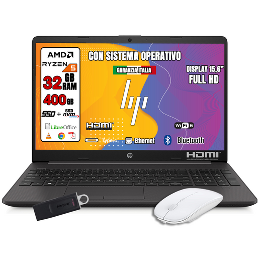 HP Notebook NUOVO • Ram 32Gb Ddr4 • Cpu Amd Ryzen 5 fino a 4,2 Ghz • 15,6" Full Hd • Wifi • Bluetooth • SSD NVME 128 + SSD 256 GB • SISTEMA OPERATIVO • MOUSE + PENNETTA USB