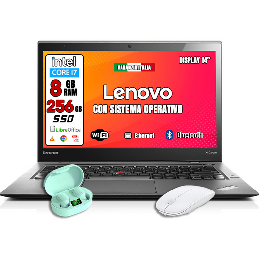 Notebook Lenovo x1 Carbon (RICONDIZIONATO) • Intel i7™ • 8 GB ram • 256 GB SSD • Windows 10 Pro e Pacchetto Libre Office • CUFFIETTE E MOUSE WIRELESS