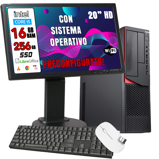 Postazione PC COMPLETA, Processore i5, Ram 16Gb, SSD 256Gb, Wi-Fi, sistema operativo attivo a vita - Pronto all'uso con programmi installati - Tastiera, mouse e MONITOR 23" RICONDIZIONATO