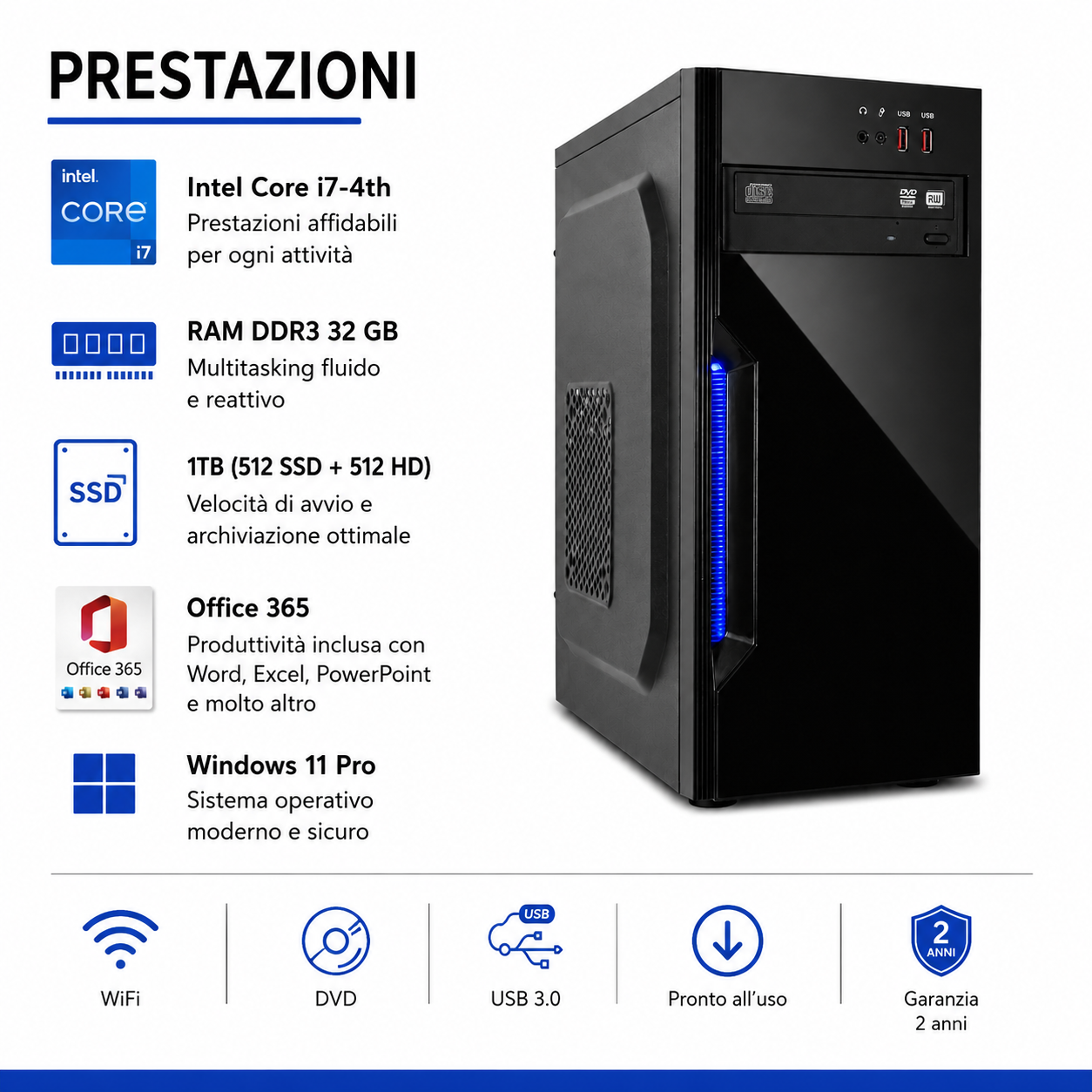 PC Fisso Desktop NUOVO • Cpu intel core i7-4790 • 32GB RAM DDR3 • 1TB SSD • Windows 11 Pro • Office 365 • Pronto All'Uso • USB 3.0 • DVD • pennetta wifi in omaggio