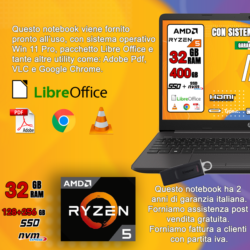 HP Notebook NUOVO • Ram 32Gb Ddr4 • Cpu Amd Ryzen 5 fino a 4,2 Ghz • 15,6" Full Hd • Wifi • Bluetooth • SSD NVME 128 + SSD 256 GB • SISTEMA OPERATIVO • MOUSE + PENNETTA USB