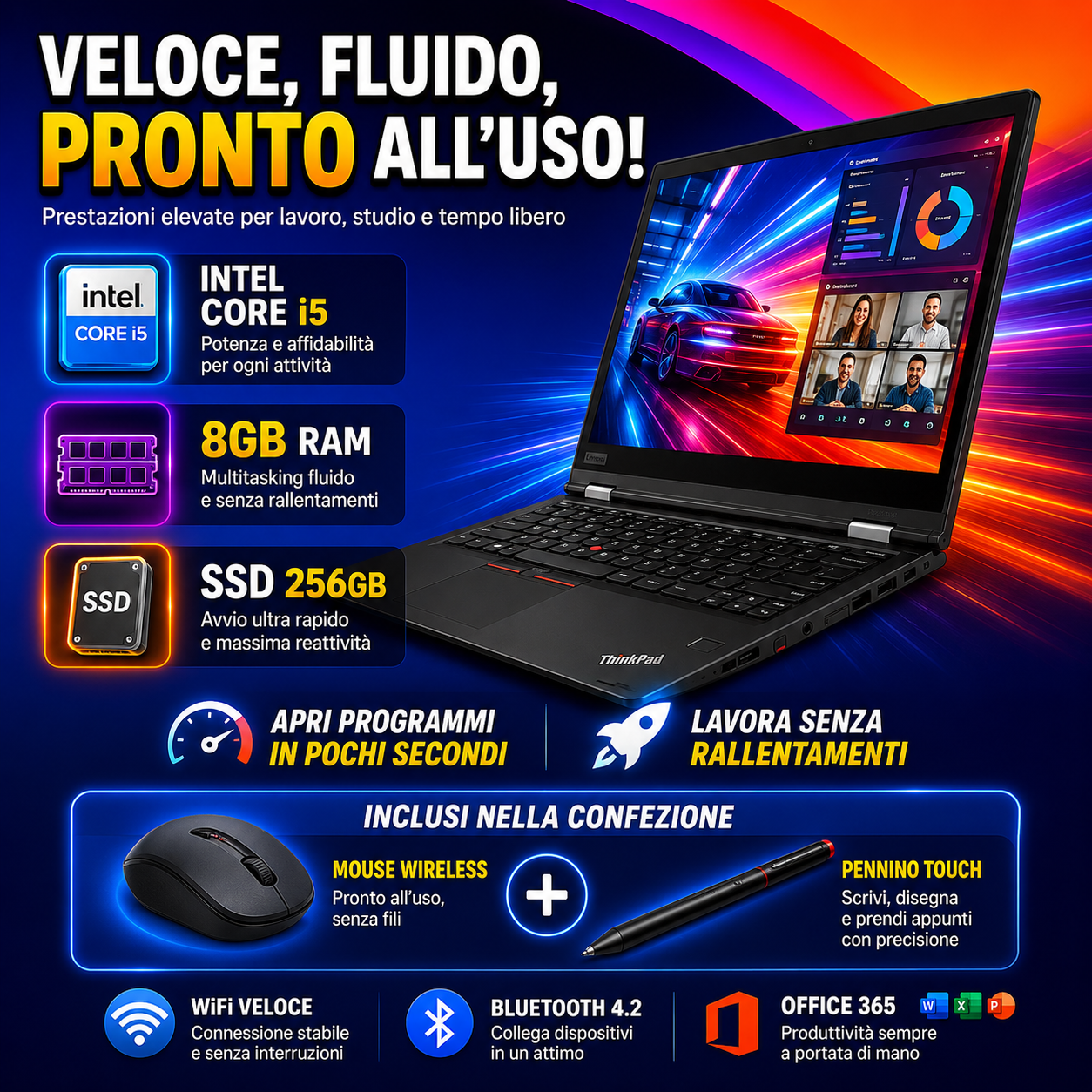 Lenovo ThinkPad Yoga x390 UPC: 195891447314  TouchScreen Pieghevole Full HD Intel Core i5-8th 256GB SSD 8GB RAM DDR4 Windows 11 Pro con mouse e penna stilo in omaggio! (ricondizionato)