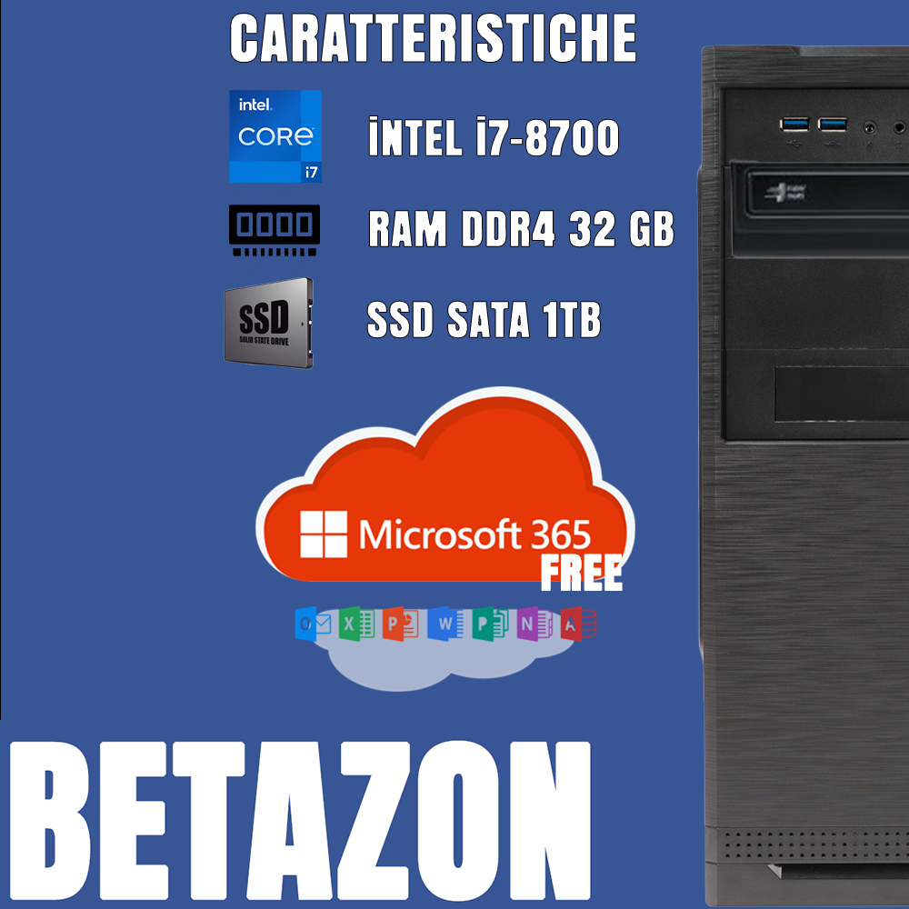 PC Fisso Desktop NUOVO • Cpu intel core i7-8700 • 32GB RAM DDR4 • 1TB SSD NVME 2.0 • Windows 11 Pro • WiFi • Office 365 • Pronto All'Uso • USB 3.0 • PC Professionale per Ufficio, Casa, Scuola