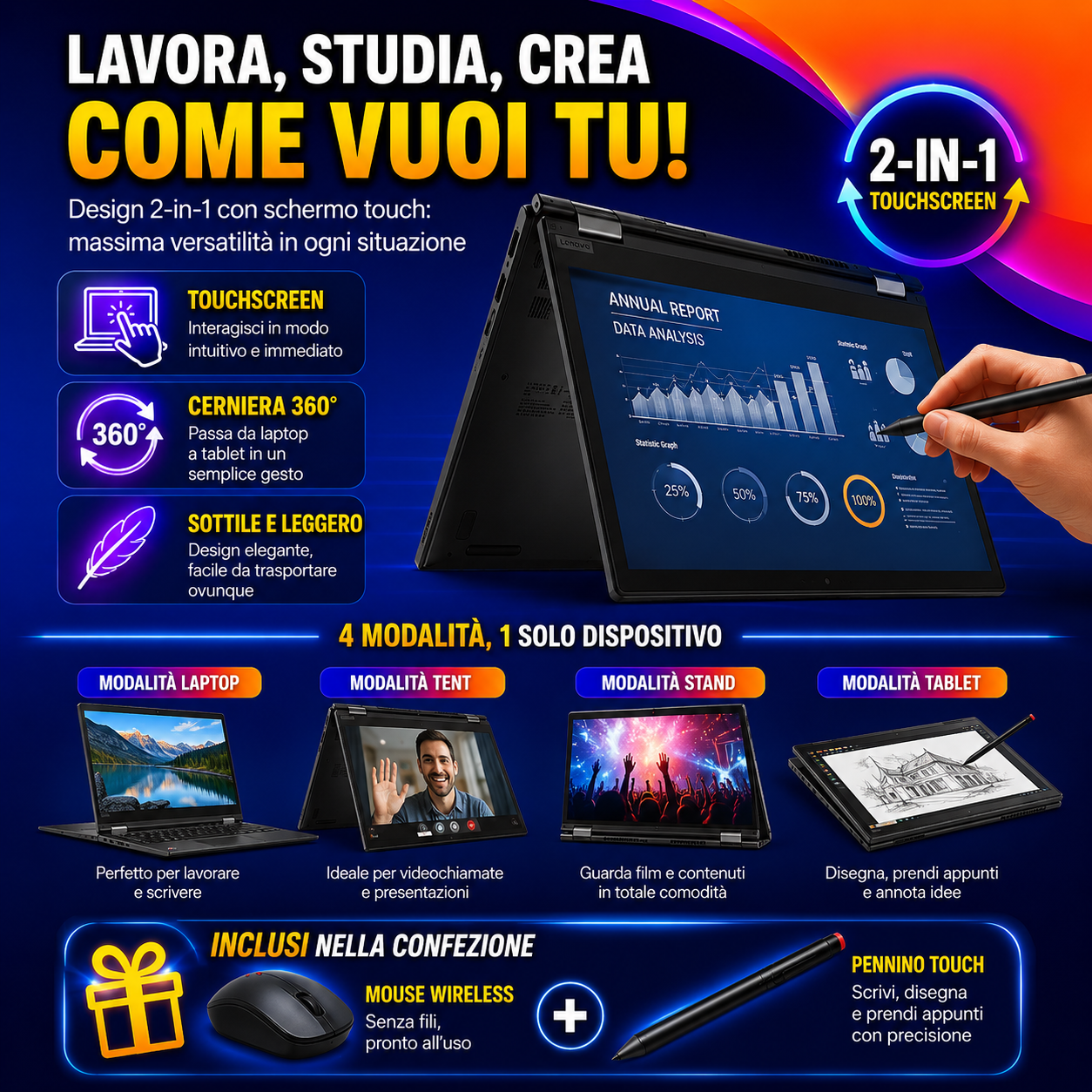 Lenovo ThinkPad Yoga x390 UPC: 195891447314  TouchScreen Pieghevole Full HD Intel Core i5-8th 256GB SSD 8GB RAM DDR4 Windows 11 Pro con mouse e penna stilo in omaggio! (ricondizionato)