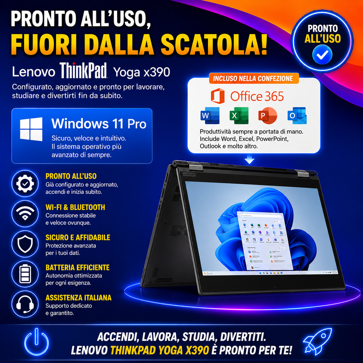 Lenovo ThinkPad Yoga x390 UPC: 195891447314  TouchScreen Pieghevole Full HD Intel Core i5-8th 256GB SSD 8GB RAM DDR4 Windows 11 Pro con mouse e penna stilo in omaggio! (ricondizionato)