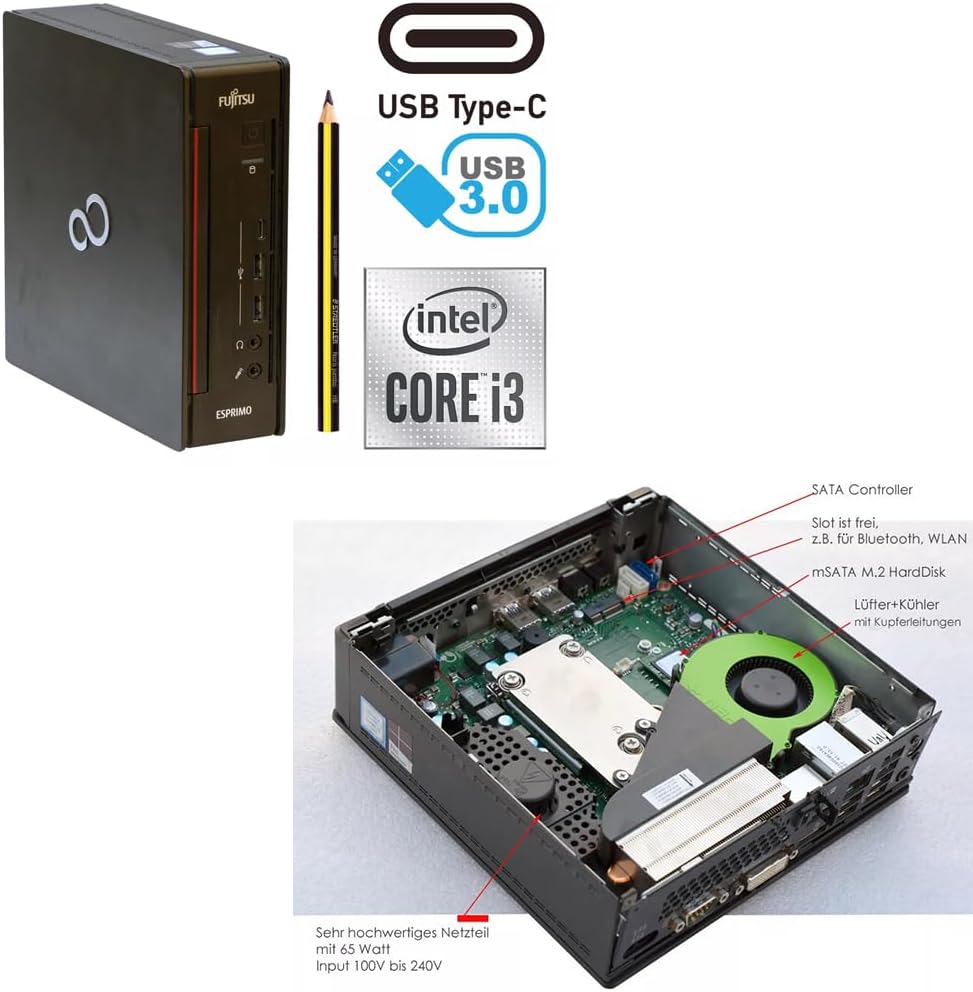 Mini pc Fujitsu Esprimo Q957 • Intel Core i3 6100T • 8GB Ram • 256 GB Ssd • ingresso Type-C e WIFI • windwos 11 pro + office 365 (ricondizionato)