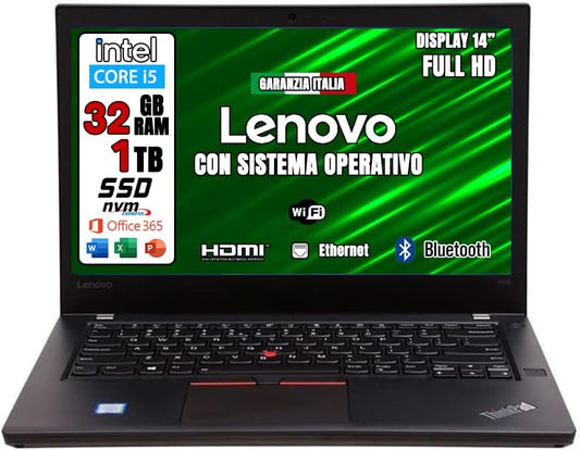 Lenovo GREEN EDITION, Pc portatile Intel Core i5 Pronto All'Uso office 365, Notebook Con Display HD da 14", Ram 32Gb, SSD 1Tb, Garanzia Italiana (Ricondizionato)