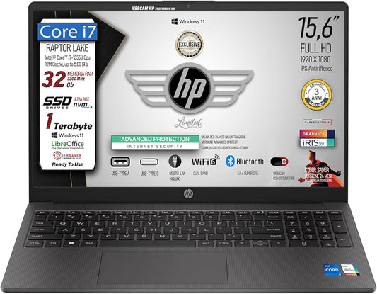 HP 250 G10, PC Portatile CPU Intel Core i7-1355U 13th 10Core, fino a 5 GHz, RAM 32Gb, SSD Pci 1Tb, Display 15.6" ips FHD, Wi-Fi 6, BT, ext lan, Cybersaver, Win 11, Pronto all'Uso, 3 Anni di garanzia